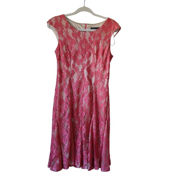 NWT Dress Barn Collection Coral Pink Lace Lined Dress 8 - Picture 1 of 6